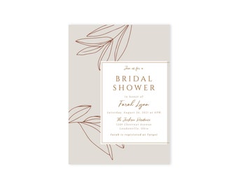 Bridal Shower Invitation,Botanical, Leaf, Abtract, Printed Invite, Wedding Shower Invite,2 Side Printed,Envelopes Included