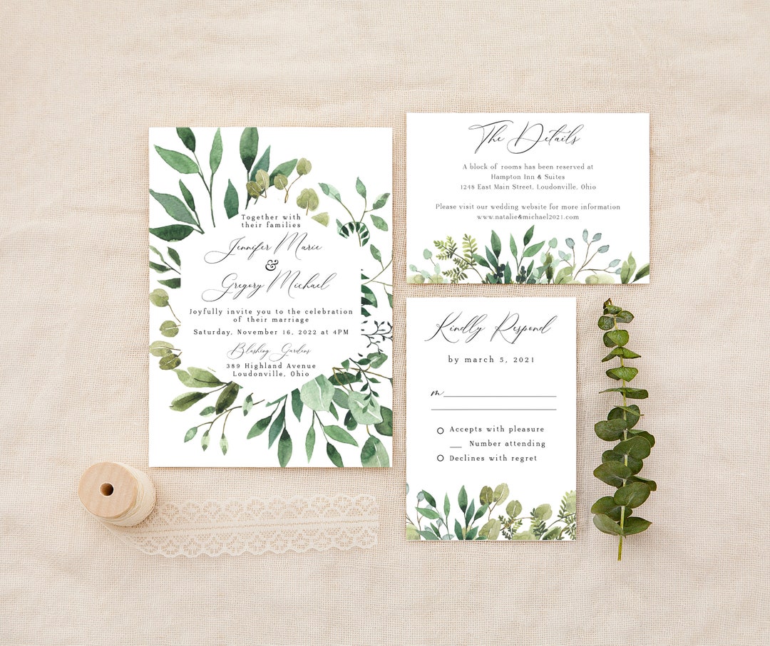 Wedding Invitation Printed Wedding Set Sage Greenery Simple