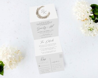 Tri Folding Wedding Invitation, Tri Fold Invite, Minimal Wedding Invitation, All in One Wedding Invite, Boho, Pampas wedding invitation
