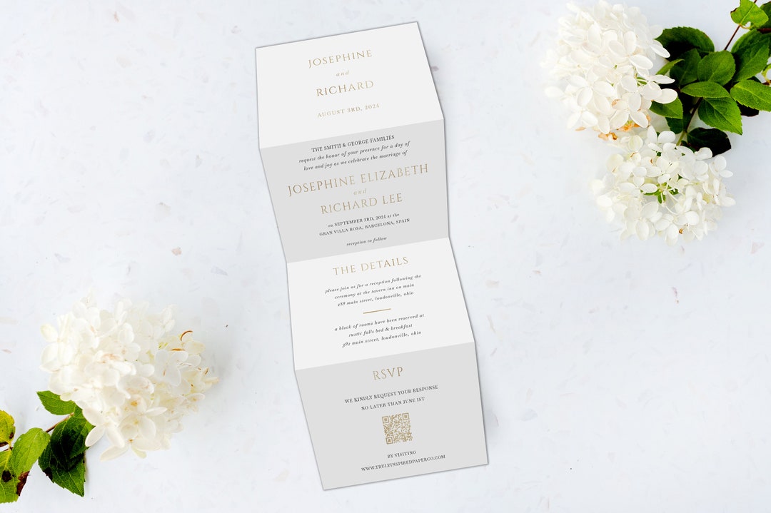 Gold Foil Tri Folding Wedding Invitation, Tri Fold Invite, Minimal ...