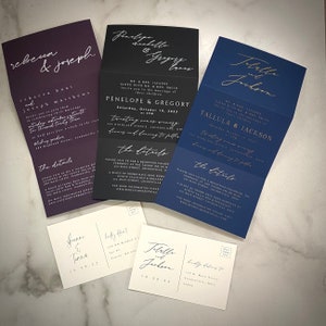 Bi Folding Wedding Invitation and RSVP Postcard, White Ink Printed on Black Paper, Purple Paper, Navy Paper