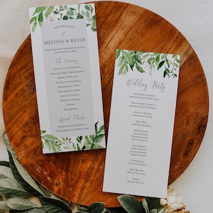 May include: Two wedding ceremony cards with a green watercolor floral design. The first card lists the wedding ceremony order, including seating of the families, wedding party processional, bride's entrance, blessing of the rings, exchange of vows, exchange of rings, candle lighting, joining of hands, prayer, and recessional. The second card lists the wedding party, including the bride's parents, groom's parents, maid of honor, best man, bridesmaids, groomsmen, flower girl, and ring bearer.