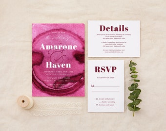 May include: Wedding invitation with a watercolor background in shades of pink and red. The invitation features the names Amarone and Haven, the date Saturday, April 6th, 2015, and the location Gervasi Vineyard. The invitation also includes the text "Join us for the wedding of" and "Dinner and Dancing to follow".