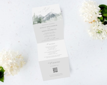 Tri Folding Wedding Invitation, Tri Fold Invite, Mountain Wedding Invitation, All in One Wedding Invite, Boho wedding invitation