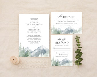 Mountain, Landscape, Green, Sage, Rustic, Mountain Wedding, Destination, Printed Wedding Invitation