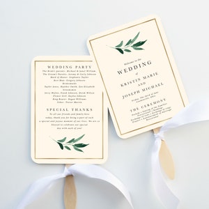 Wedding Program Fan, Printed and Assembled, Simple Greenery, Ivory Wedding Program