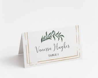 Printed Place Card, Name Card, Wedding Table Card, Escort Card, Table Tent Cards, Minimal Script, Greenery