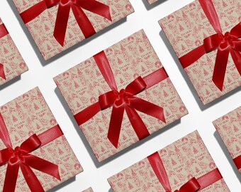 May include: Several wrapped gifts with red satin ribbons and bows. The gift wrap has a repeating pattern of Christmas trees and the word "Preston" in red on a beige background. The gifts are arranged on a white surface.