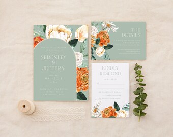 May include: Wedding invitation suite with a floral design. The invitation features a green background with orange and white flowers. The text reads "Serenity & Jeffery" and "08.12.24". The RSVP card features a floral design with the text "Kindly Respond by 05.05.23".