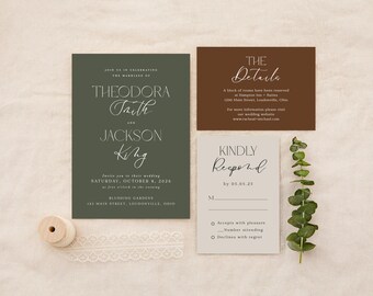 May include: A green and white wedding invitation with the names Theodora Faith and Jackson King. The invitation includes the date and time of the wedding, the location, and a RSVP card.
