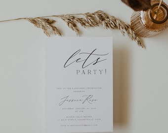 Birthday Invitations, Elegant, Minimal, Modern, Printed, Custom, Party, Script, Envelopes included