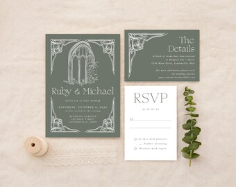 May include: A wedding invitation suite in shades of green and white. The main invitation features an arched window design and the names "Ruby & Michael." Additional cards include details and an RSVP card. A sprig of greenery and lace ribbon are also present.