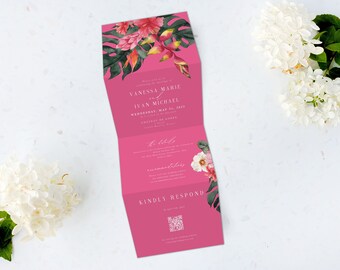 May include: Pink wedding invitation with tropical floral design. The invitation features the names Vanessa Marie and Ivan Michael, the date Wednesday, May 31, 2023, and the location, Cathedral de San Juan. The invitation also includes a QR code for RSVP.