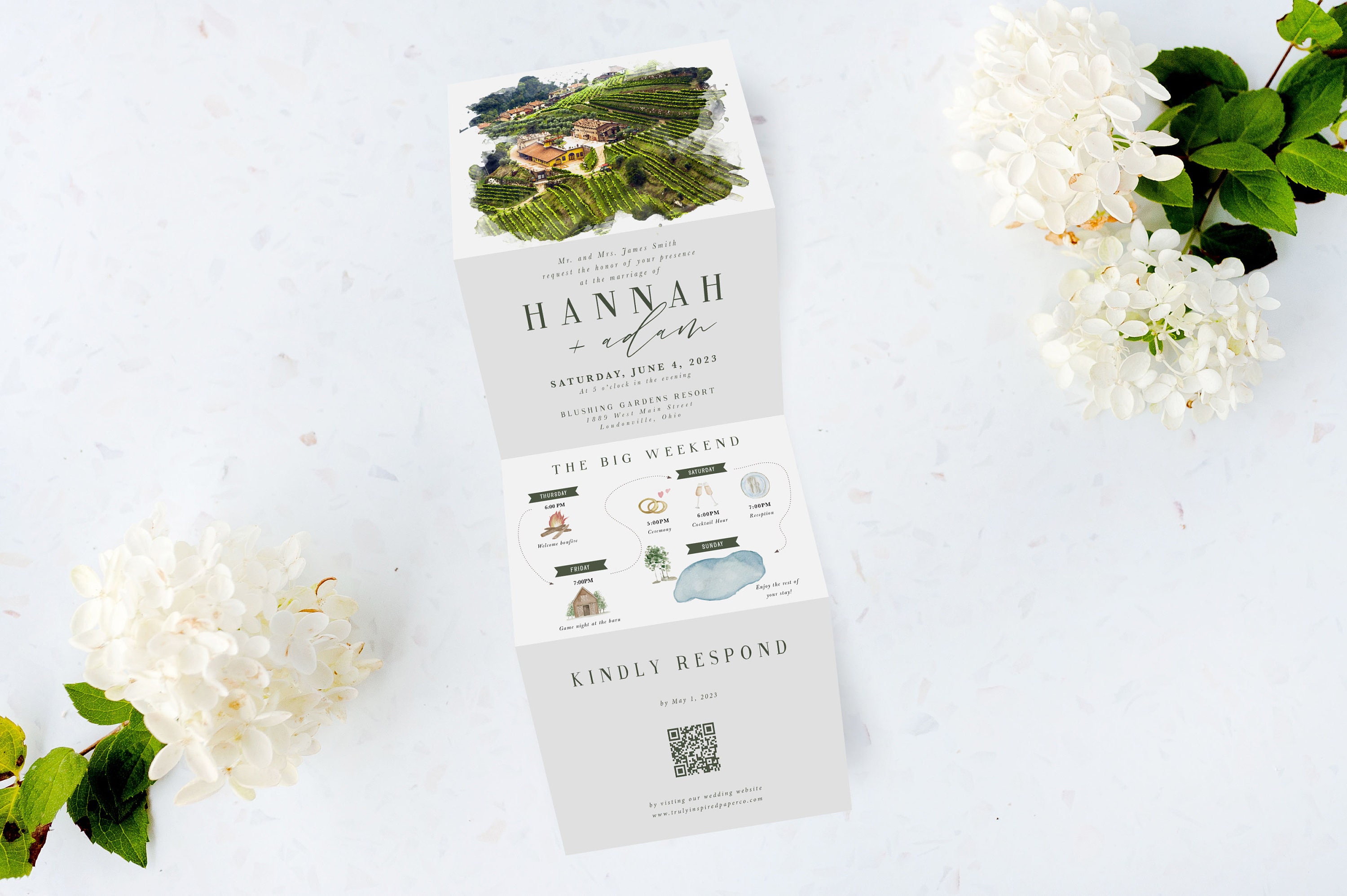 Watercolor Venue Tri Fold Invitation, Custom Watercolor Rendering, Venue Watercolor