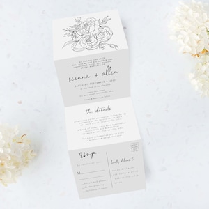 Tri Folding Wedding Invitation, Tri Fold Invite, Botanical Wedding Invitation, All in One Wedding Invite, Photo wedding invitation