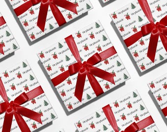 May include: Several wrapped gifts with white paper featuring Christmas tree and candy cane patterns, and the name "Stephanie". Each gift is tied with a wide red satin ribbon and bow, creating a festive holiday presentation.
