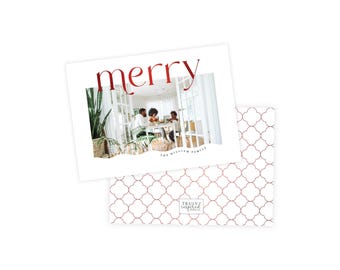 May include: A white holiday card with the word "merry" in red script. The card features a family photo and a patterned back with a red quatrefoil design. The text "THE WILLIAM FAMILY" is below the photo.