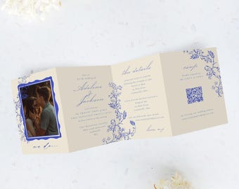 May include: A tri-fold wedding invitation with a photo of a couple, floral illustrations, and event details. The design features a blue and cream color scheme, with the names "Adeline Jackson" prominently displayed.