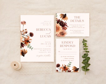 May include: Wedding invitation suite with a floral design in shades of orange, red, and brown. The invitation features the names "Rebecca and Lucas" and the date "08.12.24". The RSVP card includes the text "Kindly Respond by 05.03.25".