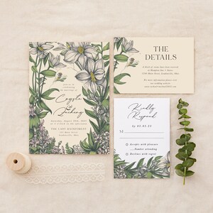 May include: A floral wedding invitation suite with a botanical design. The invitation card features a floral illustration with the names "Coppola & Zucherg" and the text "Saturday, August 24th, 2025 at 4 o'clock in the afternoon. The Last Rainforest, 1275 Main Street, Loudonville, Ohio". The details card includes the text "The Details" and the text "A block of rooms have been reserved at Hampton Inn & Suites, 1275 Main Street, Loudonville, Ohio. For more information please visit our wedding website: www.rachel.michaels2022.com". The RSVP card includes the text "Kindly Respond by 05.05.25" and the options "Accepts with pleasure", "Number attending", and "Declines with regret".