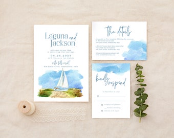 May include: Wedding invitation suite with a watercolor background featuring a sailboat. The invitation includes the couple's names, wedding date, and location. The details card includes information about the reception and the RSVP card includes a response deadline.