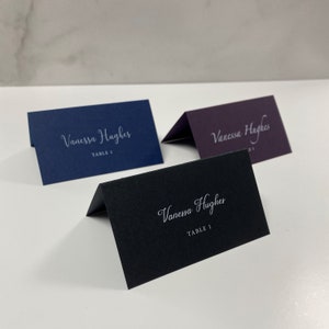 Place Cards, White Ink Printed on Black, Eggplant Purple, or Navy Blue Paper, Wedding Name Cards