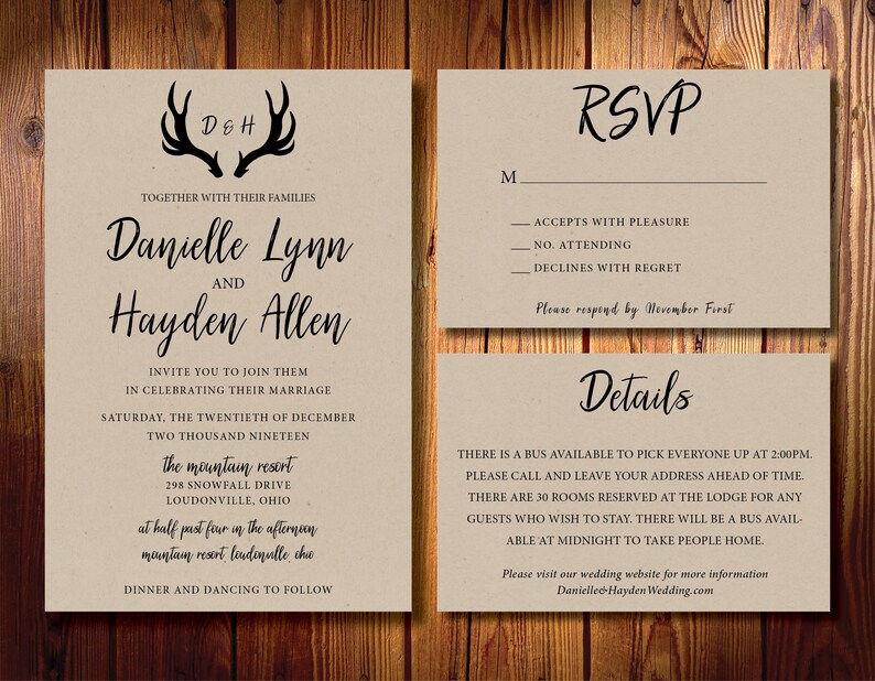 The Kraft Hunter Printed Wedding Invitation Rsvp Detail Etsy