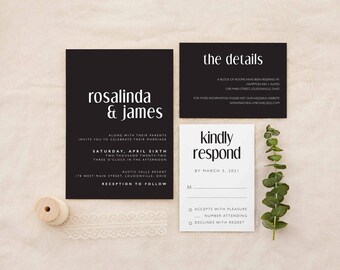 May include: Black and white wedding invitation with the names Rosalinda & James, the date Saturday, April Sixth, Two Thousand Twenty-Two, and the time Three O'Clock in the Afternoon. The invitation also includes the location Rustic Falls Resort, 178 West Main Street, Loudonville, Ohio, and the text Reception to Follow. A separate card with the text The Details, A block of rooms have been reserved at Hampton Inn & Suites, 1290 Main Street, Loudonville, Ohio, and the text For more information please visit our wedding website www.racheal-michaeljiz.com. A third card with the text Kindly Respond, By March 5, 2021, and the options Accepts with Pleasure, Declines with Regret.