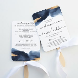 Wedding Program Fan, Printed and Assembled, Minimal Wedding, Navy Wedding, Gold Wedding
