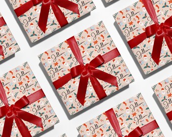 May include: Several wrapped gifts with festive holiday-themed wrapping paper. The paper features a pattern of Santa faces, holly, and other Christmas elements. Each gift is tied with a vibrant red satin ribbon and bow. The name "Jillian" is printed on the wrapping paper.