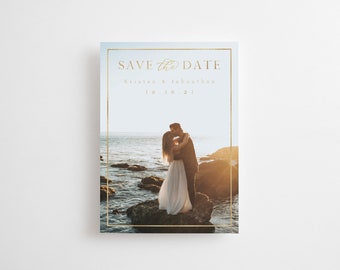 Save the Date Magnet or Printed Card with FREE ENVELOPE ADDRESSING, Photo Save the Date, Minimal, Date, Script, Photo, Gold, Frame