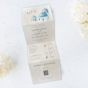 Tri Folding Wedding Invitation, Tri Fold Invite, Greece, Destination Wedding Invitation, All in One Wedding Invite, Photo wedding invitation