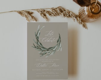 Birthday Invitations, Elegant, Minimal, Modern, Greenery, Taupe, Printed, Custom, Party, Script, Envelopes included
