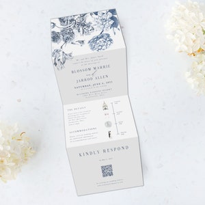 Tri Folding Wedding Invitation, Tri Fold Invite, Blue Floral, Wedding Invitation, All in One Wedding Invite, Photo wedding invitation