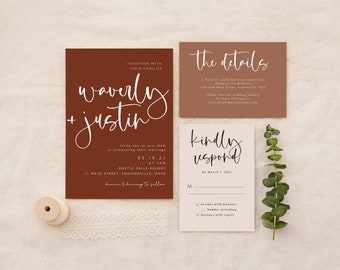 May include: Rustic brown wedding invitation with white calligraphy text. The invitation reads "waverly + justin" and includes the date, time, and location of the wedding. The RSVP card is beige with black text and includes a response deadline.