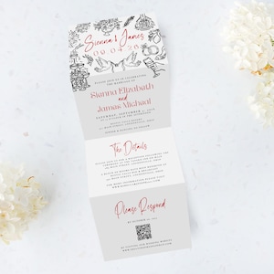 Tri Folding Wedding Invitation, Tri Fold Invite, Whimsical Drawing, Wedding Invitation, All in One Wedding Invite