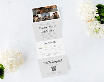 May include: A tri-fold wedding invitation with a light gray background and white text. The top panel features a collage of photos. The invitation includes the names Vanessa Marie and Ivan Michael, event details, and a QR code.