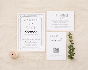 May include: A wedding invitation suite with a minimalist design. The main invitation features the names "Mariah and Zach" and moon phase graphics. Additional cards include details and a response request. A spool of lace and greenery complete the arrangement.