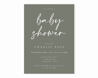 Baby Shower Invitation, Olive Green Minimalist Baby Shower Invitation