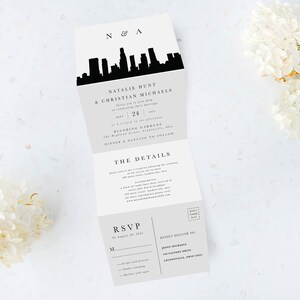 Tri Folding Wedding Invitation, Tri Fold Invite, Minimal Wedding Invitation, All in One Wedding Invite, City Skyline wedding invitation