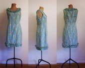 1960s blue, green, pink, yellow and white paisley ruffle mini shift dress