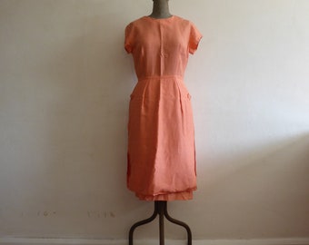 1950s Peach Acetate Wiggle Dress, Frog Detail - Taffs of Sydney