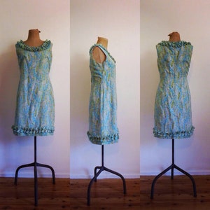 1960s blue, green, pink, yellow and white paisley ruffle mini shift dress