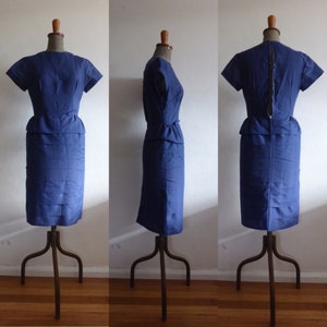 1950s Subtle Blue Checkered, Tiered Wiggle Dress with Bow Details at the Waist