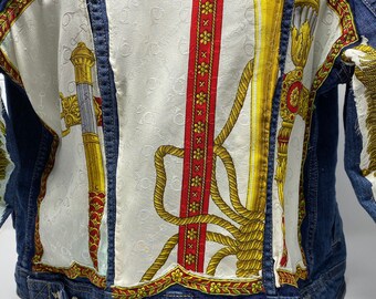 Upcycled Denim Jacket with Silk Scarf Detail – XS Sustainable Style