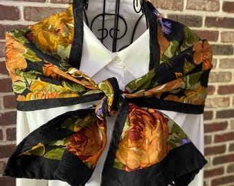 Vintage Black Damask Autumn Floral Silk Scarf | 1980s Preppy Fashion Oblong Scarf