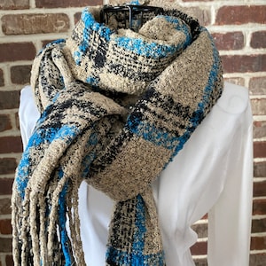 Vintage Tartan Tweed Scarf, Beige, Blue and Black Plaid Shawl with Fringe Edges