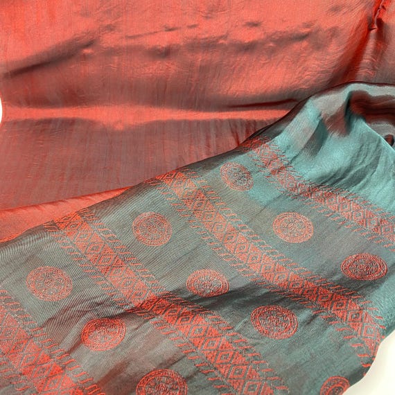 Vintage Dramatic Reversible Embroidered Silk Scarf 100% Pure Silk Cranberry and Dark Green Silk Scarf with India Floral Silk Boho Scarf