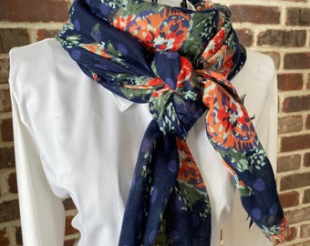 Vintage Floral Navy Blue Scarf, Soft, Long and Lightweight Bohemian Style Scarf