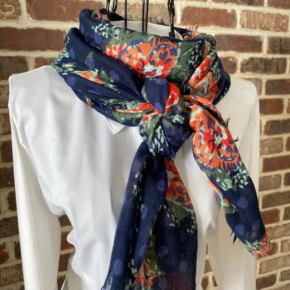 Vintage Floral Navy Blue Scarf, Soft, Long and Lightweight Bohemian Style Scarf